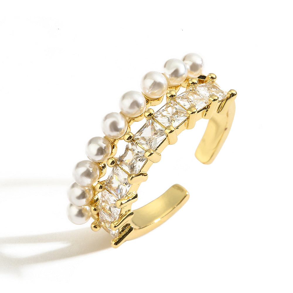 Vintage Zircon & Pearl Geometric Open Ring, Copper Gold-Plated