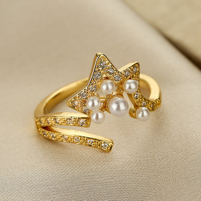 Vintage Zircon & Pearl Geometric Open Ring, Copper Gold-Plated