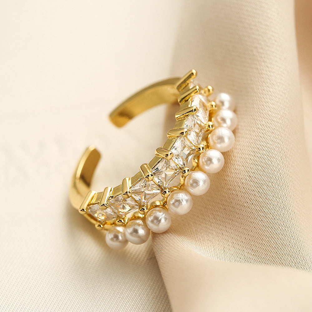 Vintage Zircon & Pearl Geometric Open Ring, Copper Gold-Plated