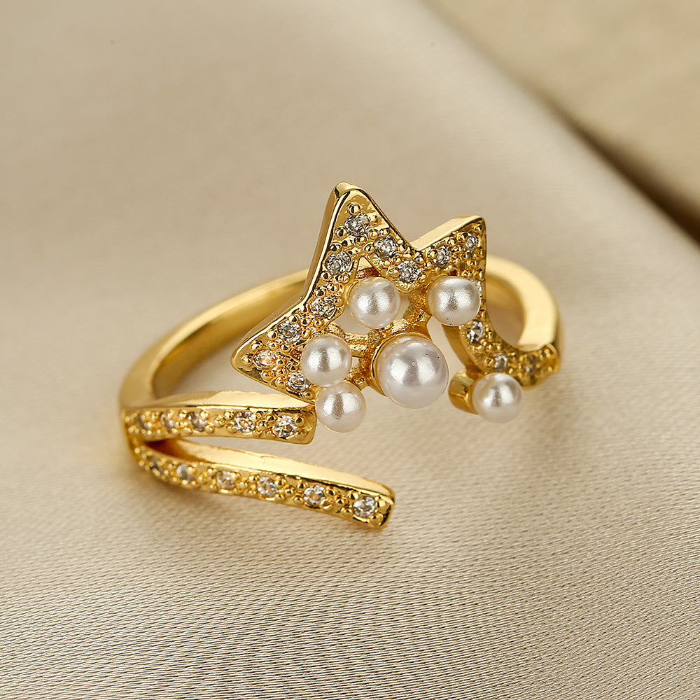 Vintage Zircon & Pearl Geometric Open Ring, Copper Gold-Plated