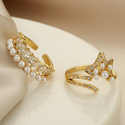 Vintage Zircon & Pearl Geometric Open Ring, Copper Gold-Plated