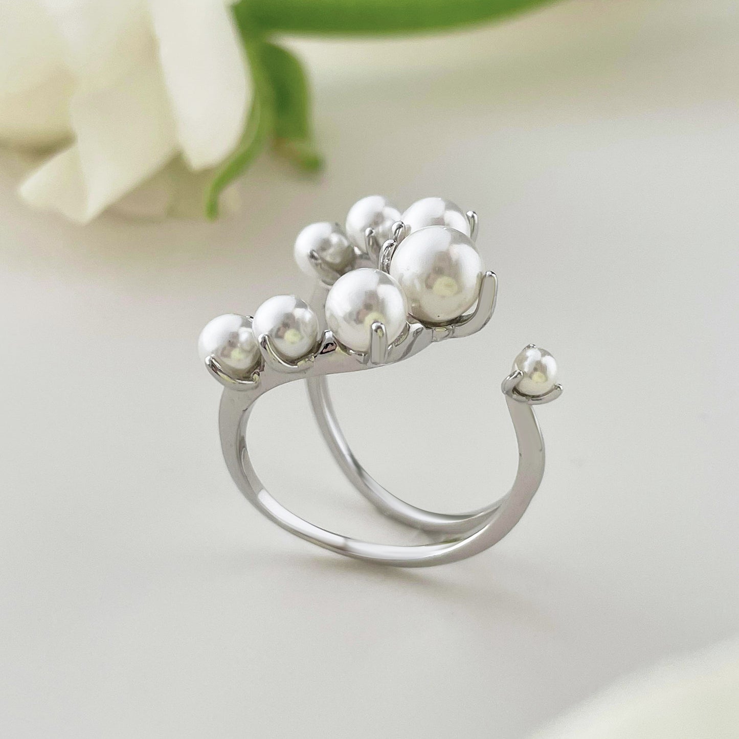 Irregular Pearl Inlaid Open Ring with Personal Charm